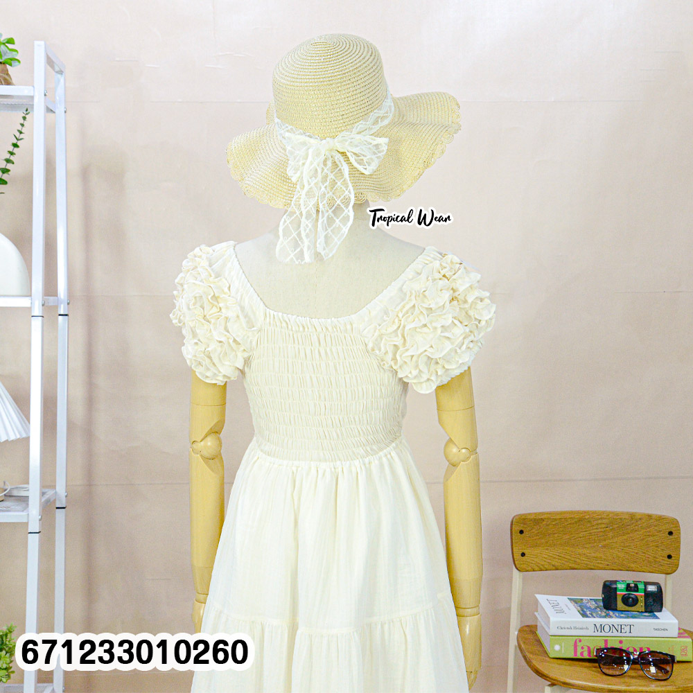 women’s cotton puff sleeve summer dress, free-size, lightweight cotton, tiered silhouette, stretch-back fit