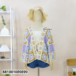 colorful cotton patchwork cardigan free size with open knit design
