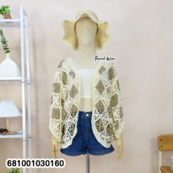 free size lightweight open knit cardigan with geometric pattern for everyday wear
