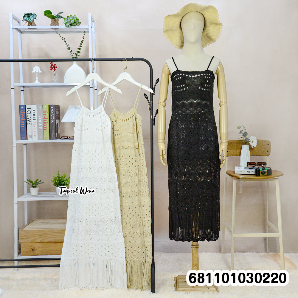 Crochet Strappy Summer Beach Dress - เดรสคลุมชายหาดถักโครเชต์สายเดี่ยว - 681101030220