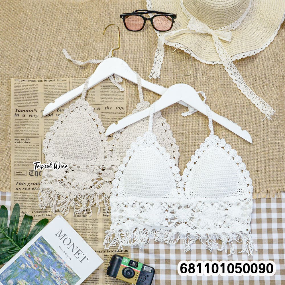 cotton crochet bralette top with fringe, free size, lightweight summer cotton style for women