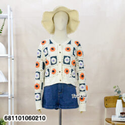 “Women’s free-size crochet cardigan with floral square design, soft warm yarn material, long sleeves, ideal for cool and gusty weather.”