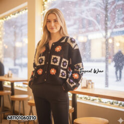 “Women’s free-size crochet cardigan with floral square design, soft warm yarn material, long sleeves, ideal for cool and gusty weather.”