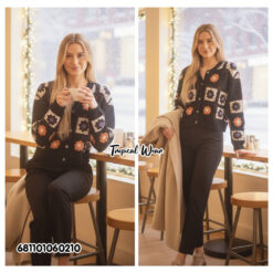 “Women’s free-size crochet cardigan with floral square design, soft warm yarn material, long sleeves, ideal for cool and gusty weather.”