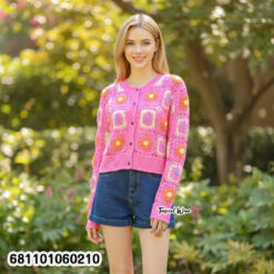 “Women’s free-size crochet cardigan with floral square design, soft warm yarn material, long sleeves, ideal for cool and gusty weather.”