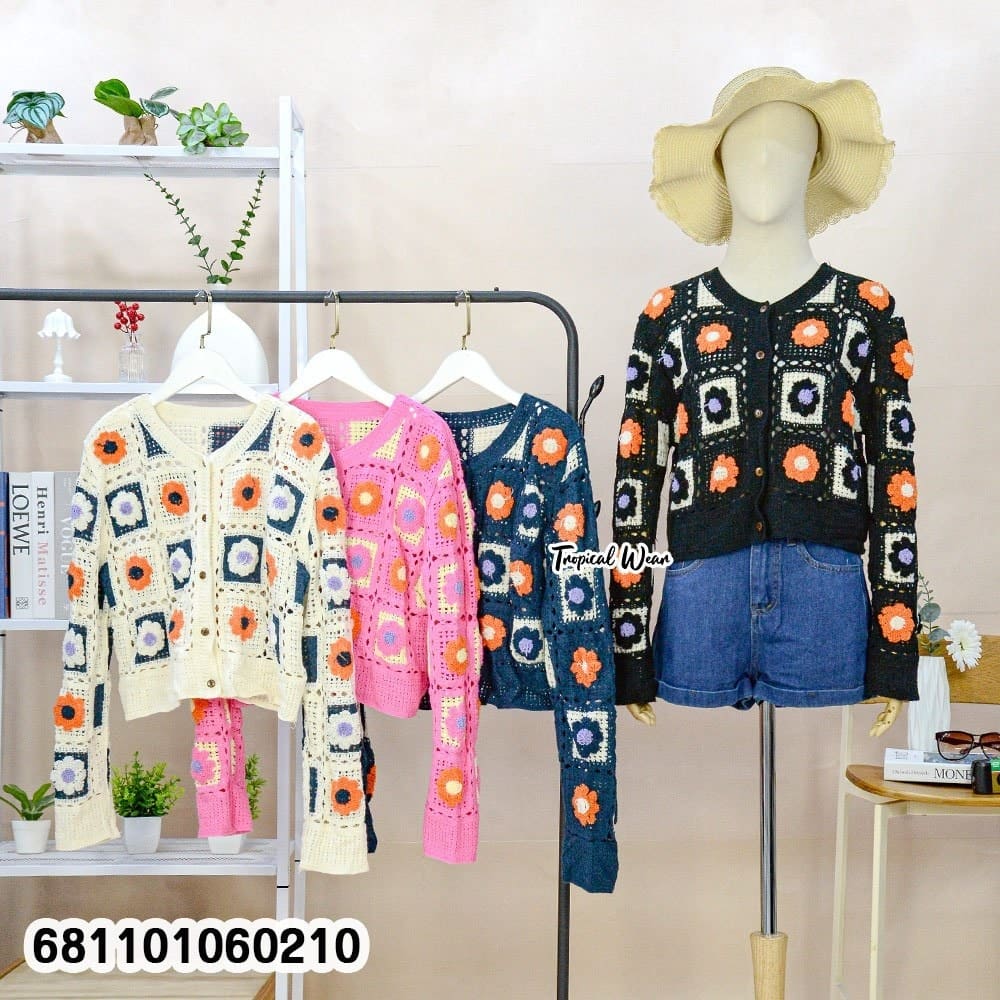 “Women’s free-size crochet cardigan with floral square design, soft warm yarn material, long sleeves, ideal for cool and gusty weather.”