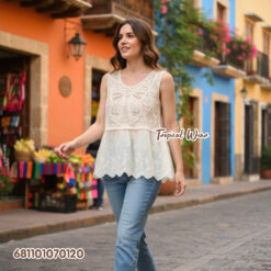 Women’s free-size cotton boho eyelet top with embroidered details and scallop hem