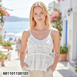 Cotton crochet-style cami top, free-size tank with airy lace-look design.