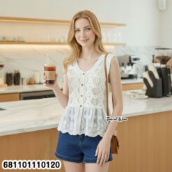 boho cotton lace embroidered peplum top with open-knit bodice