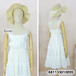 Free size white cotton sundress with adjustable straps and ruffle tiers for wholesale.