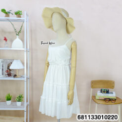 Free size white cotton sundress with adjustable straps and ruffle tiers for wholesale.