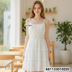 Free size white cotton sundress with adjustable straps and ruffle tiers for wholesale.