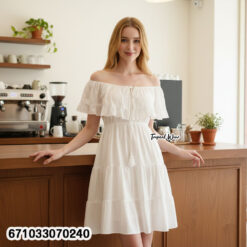 Cotton off shoulder dress with ruffle neckline, free size fit, and airy summer design.