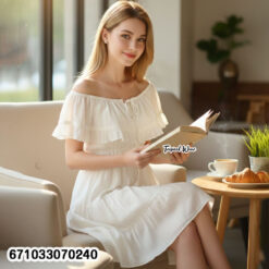 Cotton off shoulder dress with ruffle neckline, free size fit, and airy summer design.