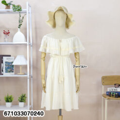 Cotton off shoulder dress with ruffle neckline, free size fit, and airy summer design.