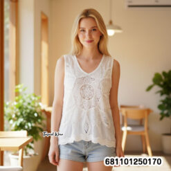 Sleeveless cotton top with rope embroidery look, lightweight fabric, free size fit