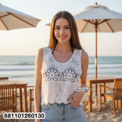 Breathable crochet look summer top in free size with lightweight cotton fabric and sleeveless casual design.