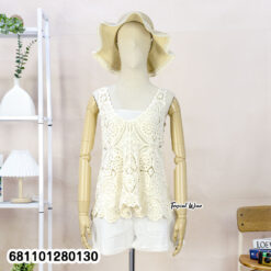 Breathable cotton lace summer top with crochet-look pattern, free size fit