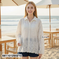 Free size cotton embroidered long sleeve shirt for women, lightweight fabric, relaxed everyday fit