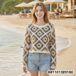 Crochet-look knit top for cool weather, free size fit, long sleeve everyday casual style