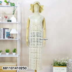 Sleeveless cotton lace long vest with button front, lightweight fabric, free size fit for everyday layering