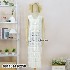 Sleeveless cotton lace long vest with button front, lightweight fabric, free size fit for everyday layering