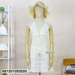 White cotton machine-knit beach mini dress with open crochet-style texture, sleeveless V-neck design, no lining.
