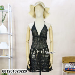 White cotton machine-knit beach mini dress with open crochet-style texture, sleeveless V-neck design, no lining.