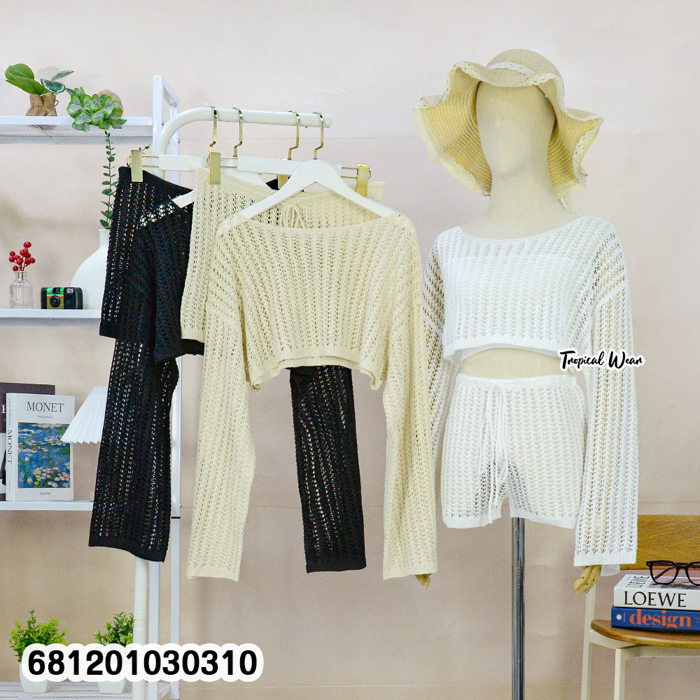 Summer Crochet Lounge Set ชุดโครเชต์ซัมเมอร์ เสื้อครอป + กางเกงลุคชิล-681201030310