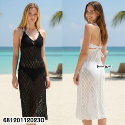 Machine knitted lightweight maxi beach dress with open knit pattern and sleeveless slip design, no lining, ideal for summer layering.
