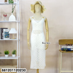 Machine knitted lightweight maxi beach dress with open knit pattern and sleeveless slip design, no lining, ideal for summer layering.