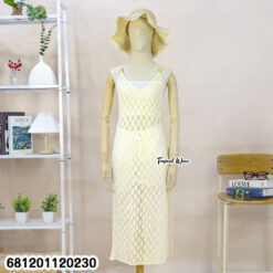 Machine knitted lightweight maxi beach dress with open knit pattern and sleeveless slip design, no lining, ideal for summer layering.