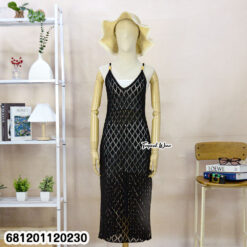 Machine knitted lightweight maxi beach dress with open knit pattern and sleeveless slip design, no lining, ideal for summer layering.