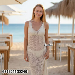 Machine knit beach cover up dress worn over summer outfit, lightweight and free size.
