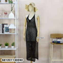 Machine knit beach cover up dress worn over summer outfit, lightweight and free size.