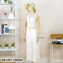 Machine knit beach cover up dress worn over summer outfit, lightweight and free size.