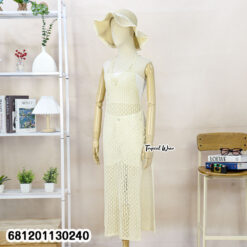 Machine knit beach cover up dress worn over summer outfit, lightweight and free size.