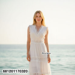 White tiered maxi dress with defined waist and lace trim, free size elegant summer style