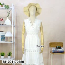 White tiered maxi dress with defined waist and lace trim, free size elegant summer style