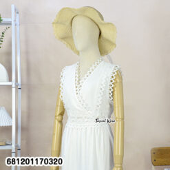 White tiered maxi dress with defined waist and lace trim, free size elegant summer style