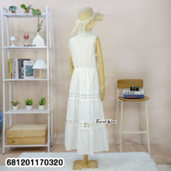 White tiered maxi dress with defined waist and lace trim, free size elegant summer style