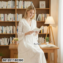 White breathable cotton eyelet midi dress with V-neck, bell sleeves and tiered hem for summer resort wear