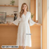 White breathable cotton eyelet midi dress with V-neck, bell sleeves and tiered hem for summer resort wear