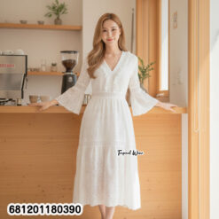 White breathable cotton eyelet midi dress with V-neck, bell sleeves and tiered hem for summer resort wear