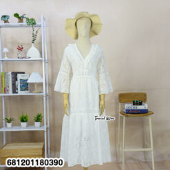 White breathable cotton eyelet midi dress with V-neck, bell sleeves and tiered hem for summer resort wear