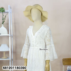 White breathable cotton eyelet midi dress with V-neck, bell sleeves and tiered hem for summer resort wear