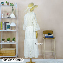 White breathable cotton eyelet midi dress with V-neck, bell sleeves and tiered hem for summer resort wear