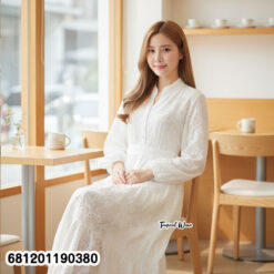 White breathable cotton maxi dress with long sleeves and relaxed free size silhouette