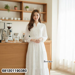 White breathable cotton maxi dress with long sleeves and relaxed free size silhouette