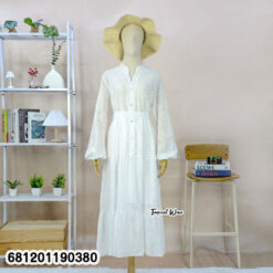White breathable cotton maxi dress with long sleeves and relaxed free size silhouette